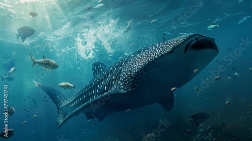 A majestic whale shark gliding through the open ocean, dwarfing the smaller fish swimming in its wake. © Plaifah