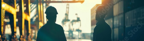 Two workers in hard hats are talking in front of a container ship. photo