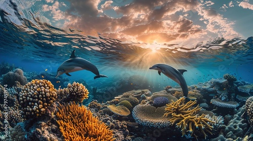 A snapshot capturing the moment a group of dolphins swims past a coral reef photo