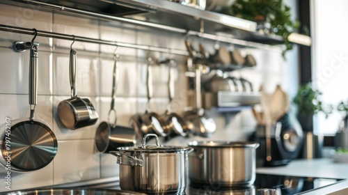 A modern kitchen with sleek stainless steel pots and pans hanging on a rack