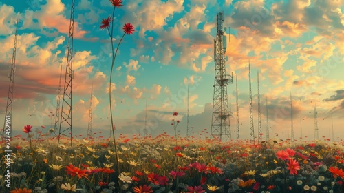 A network of radio transmission towers standing tall amidst a field of wildflowers