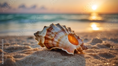 seashell on the beach at sunset