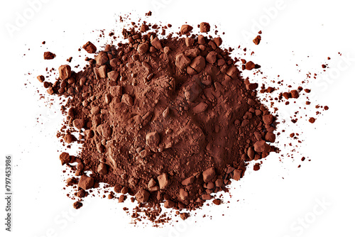 Pile cocoa powder isolated on white, top view photo