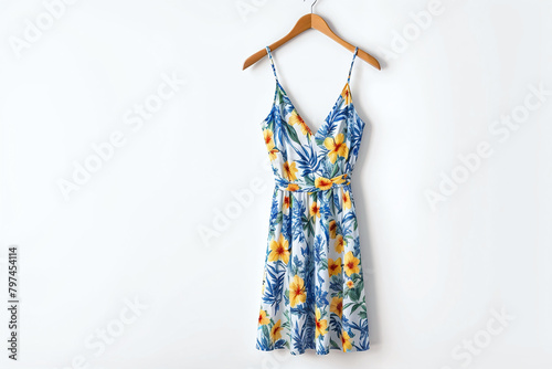 Colorful woman's spaghetti strap, sleeveless floral pattern summer mini dress, on a hanger, isolated on white background. Fun, breezy, comfortable loose fitting, casual clothing wear for ladies.