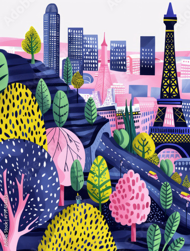Paris city skyline cute colorful hand drawn style illustration