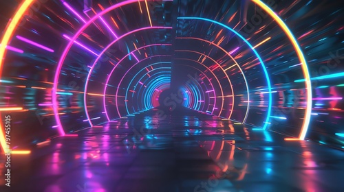 Futuristic 3D abstract tunnel glowing with a neon color spectrum, creating a sense of depth and movement in the design