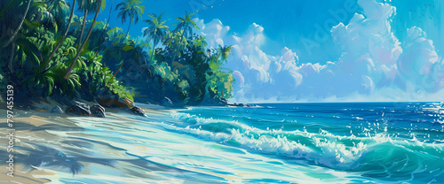 Cerulean waters lap against sun-kissed shores, a tranquil melody of coastal serenity.
