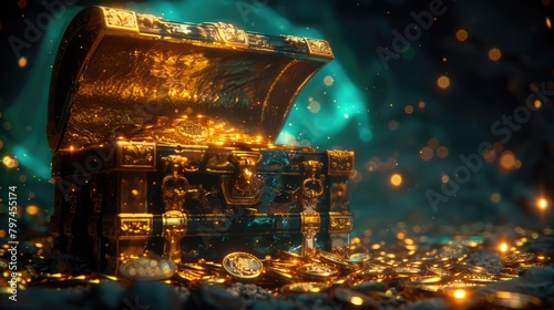 A gold chest full of gold coins is shown in a dark background, Generative AI