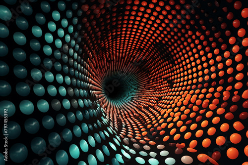 Digital illustration of a 3D tunnel effect with spheres in a gradient of orange to green colors