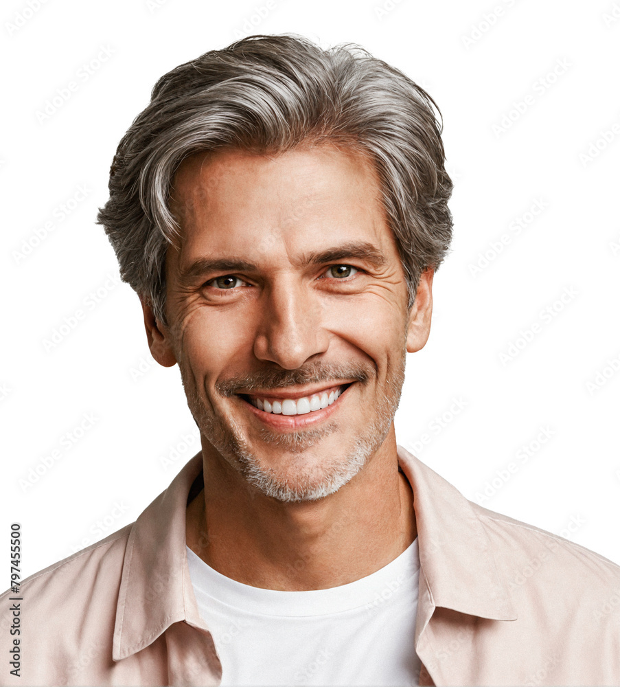 Retirement Age Man with a magnificent smile, wearing plain clothes in pastel colors, isolated on a white background Retirement Age Man with a magnificent smile, wearing plain clothes in pastel colors, isolated on a white background