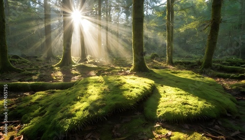 Sunbeams breaking through the canopy onto a moss c upscaled 4