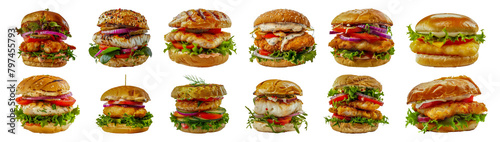 Gourmet fish burgers with fresh toppings and sauces cut out png on transparent background