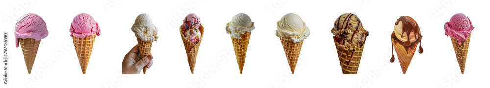 Assorted ice cream cones with various flavors and toppings cut out png on transparent background