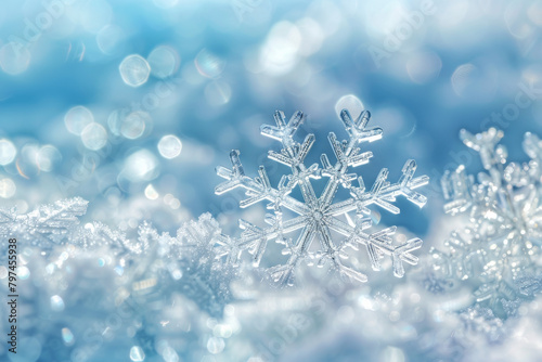A beautiful snowflake on a blue background.