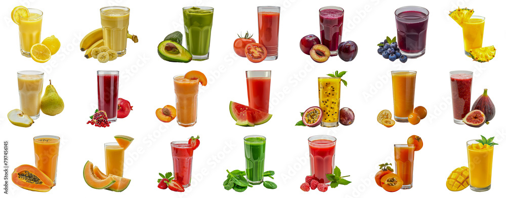 Fresh fruit smoothies with ingredients cut out png on transparent background Fresh fruit smoothies with ingredients cut out png on transparent background