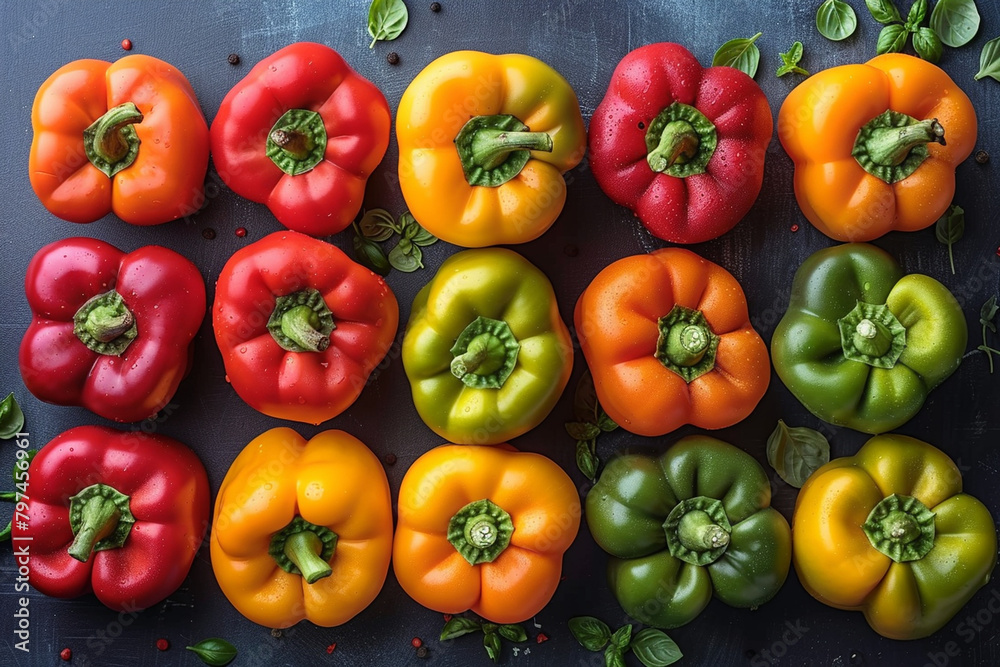 A collection of colorful bell peppers, including red, yellow, and orange varieties, displayed against a bright, plain backdrop, celebrating their vibrant flavors and culinary versa A collection of colorful bell peppers, including red, yellow, and orange varieties, displayed against a bright, plain backdrop, celebrating their vibrant flavors and culinary versa