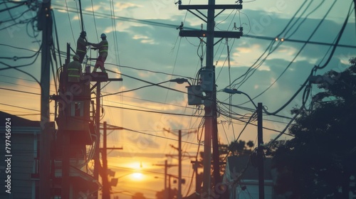 A power outage aftermath with utility workers repairing electrical lines, restoring service