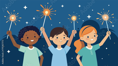 Sparklers glowing in the hands of children representing the hope and future of a free society.. Vector illustration