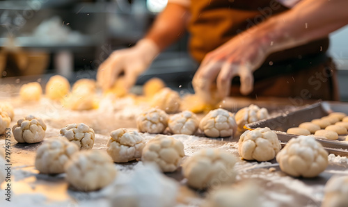 A man bakes fresh bread and sells it in front of a delicious shop in a bakery blurry background