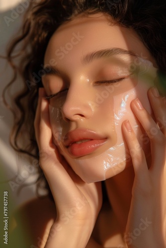 sheet mask application, the models eyes closed, holding the mask with manicured hands