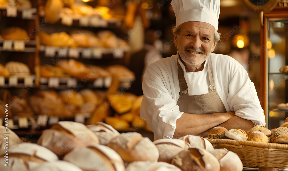 A man bakes fresh bread and sells it in front of a delicious shop in a bakery blurry background A man bakes fresh bread and sells it in front of a delicious shop in a bakery blurry background