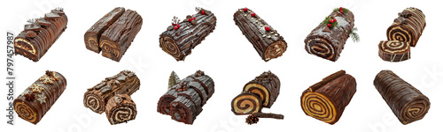 Assorted chocolate yule log cakes decorated for Christmas cut out png on transparent background