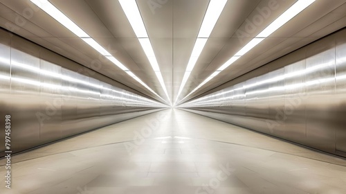 The image captures a symmetrical view of an empty tunnel with a vanishing point perspective The tunnel is illuminated by a series of fluorescent lights running along the center of its ceiling 