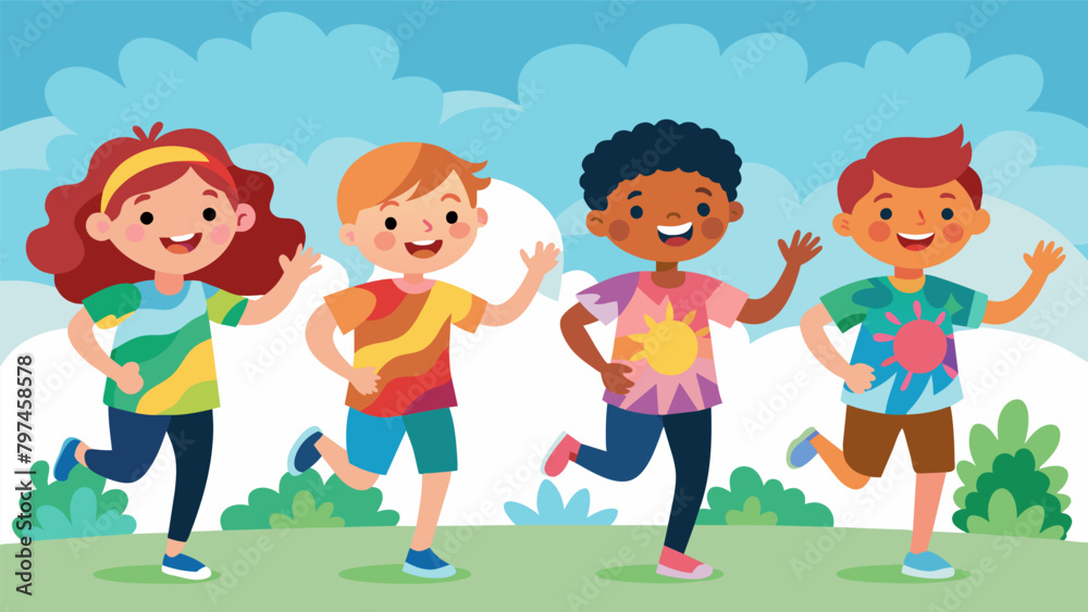 Festive Fun A group of children wearing their handmade tiedye shirts running and playing in a park enjoying the festivities of Independence Day. The. Vector illustration Festive Fun A group of children wearing their handmade tiedye shirts running and playing in a park enjoying the festivities of Independence Day. The. Vector illustration