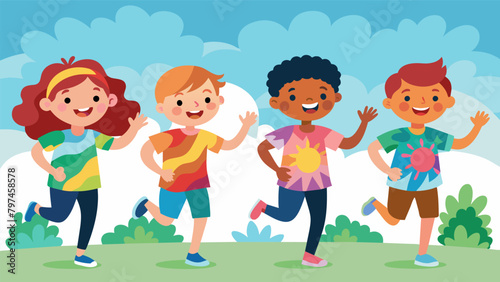 Festive Fun A group of children wearing their handmade tiedye shirts running and playing in a park enjoying the festivities of Independence Day. The. Vector illustration