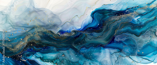 Cerulean marble ink drifts softly across a hypnotic abstract setting, illuminated by shimmering glitters.