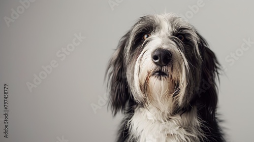 A Bearded Collie sits against a white background displaying its black and grey coat with a look of anticipation and wellmannered poise 