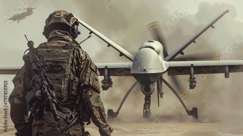A faceless pilot controlling a combat drone, emphasizing the detachment in remote warfare