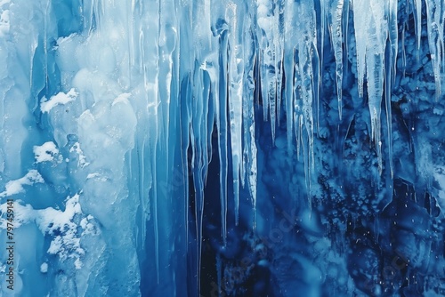 A frozen waterfall in pop art, contrasting blues and whites, textured ice formations