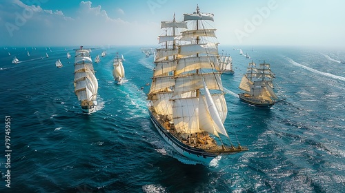 An old sailboat with white sails sailing among other ships on the sea under a clear blue sky in a magnificent seascape photo