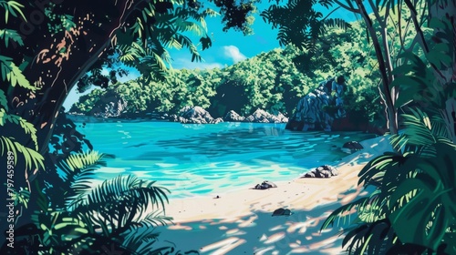 A hidden cove in pop art, lush vegetation framing a turquoise lagoon, playful shadows