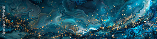 Cerulean marble ink dances freely within a vibrant abstract canvas, illuminated by subtle glitters. photo