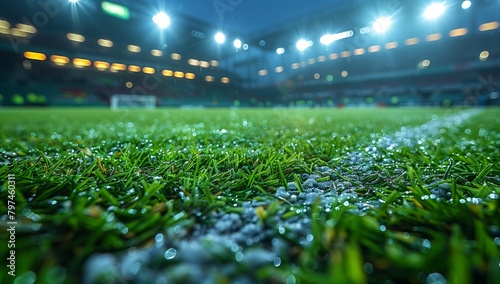 Closeup of a soccer field at night with glistening water droplets on the grass