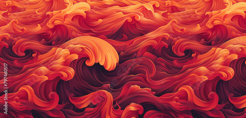 The intense energy of the sea is reflected in red and orange wave patterns.