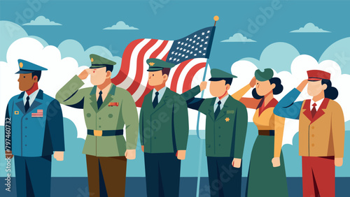 As the parade passes by these veterans stand in unison their salutes a powerful reminder of the sacrifices made in defense of their country.. Vector illustration