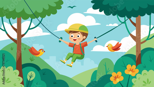 A child swinging across a zipline and conquering obstacles on a treetop adventure course surrounded by lush green trees and chirping birds.