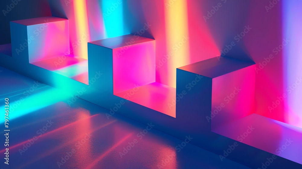 High-resolution 3D render of geometric shapes illuminated by a neon spectrum, casting sharp shadows on an abstract surface High-resolution 3D render of geometric shapes illuminated by a neon spectrum, casting sharp shadows on an abstract surface