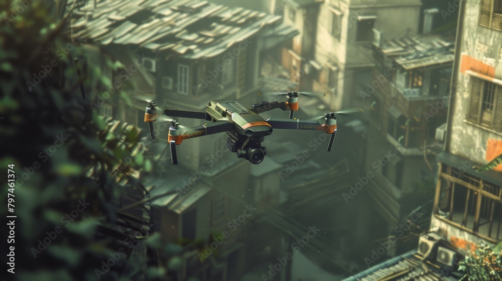 A small tactical drone flying low over a hostile urban environment, scanning rooftops and alleyways