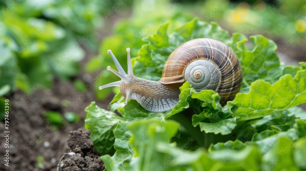 A snail reaching out tentatively to nibble on a tender leaf in a vegetable garden A snail reaching out tentatively to nibble on a tender leaf in a vegetable garden