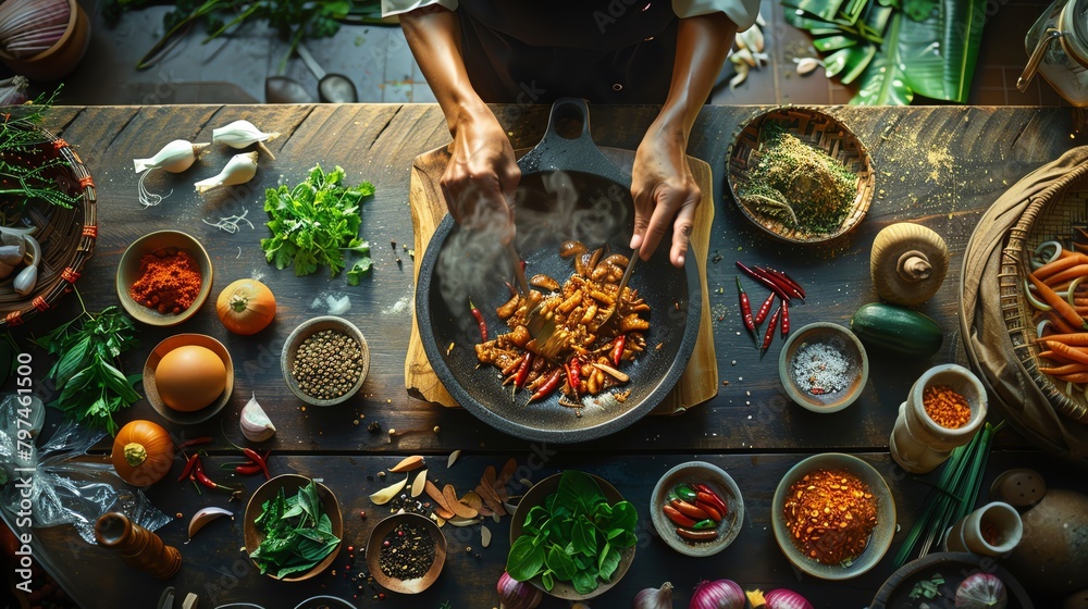 Interactive cooking scene in a Thai kitchen, highlighting a chef preparing a spicy and delicious meal with a variety of herbs and spices scattered around