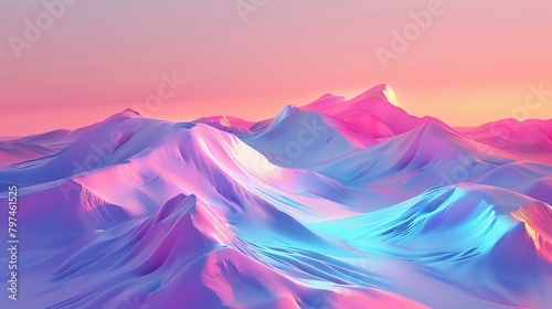 Surreal 3D landscape, hills and valleys rendered in a soft neon spectrum, creating a dreamlike vibe in an abstract world