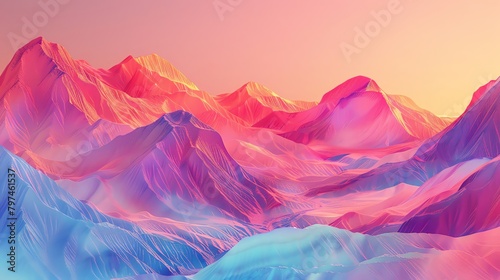Surreal 3D landscape, hills and valleys rendered in a soft neon spectrum, creating a dreamlike vibe in an abstract world © Nawarit