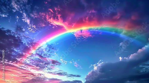Vibrant neon rainbow arcing across a night sky, with beams of light illuminating the clouds in surreal colors © Nawarit