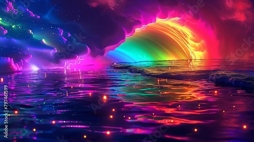 Surreal digital art featuring a flowing river of neon light bending into a rainbow, casting colorful reflections on its surroundings