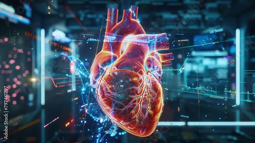 Virtual reality simulation of a human heart, seen through an x-ray lens with digital annotations and vibrant pulse indicators #797461797