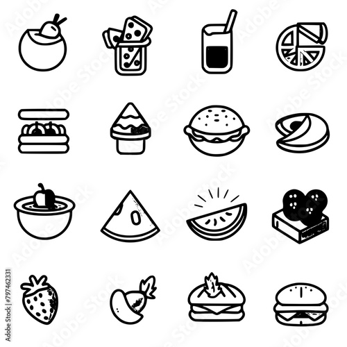 Food icon  menu icon  restaurant icon  dinner icon  kitchen icon  silhouette icon  banquet icon  bar icon  catering icon  fish icon  hamburger icon  food  cake  icon  vector  coffee  set  illustration